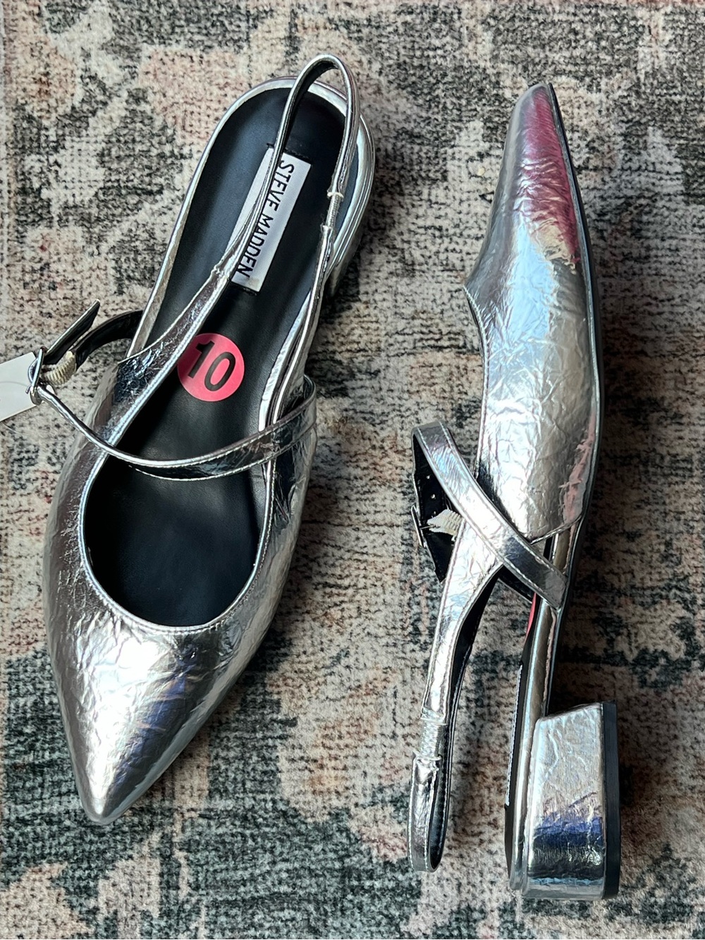 🆕 Steve Madden ANYAA Metallic Silver Pointed Toe Slingback Flats Block Kitten 10